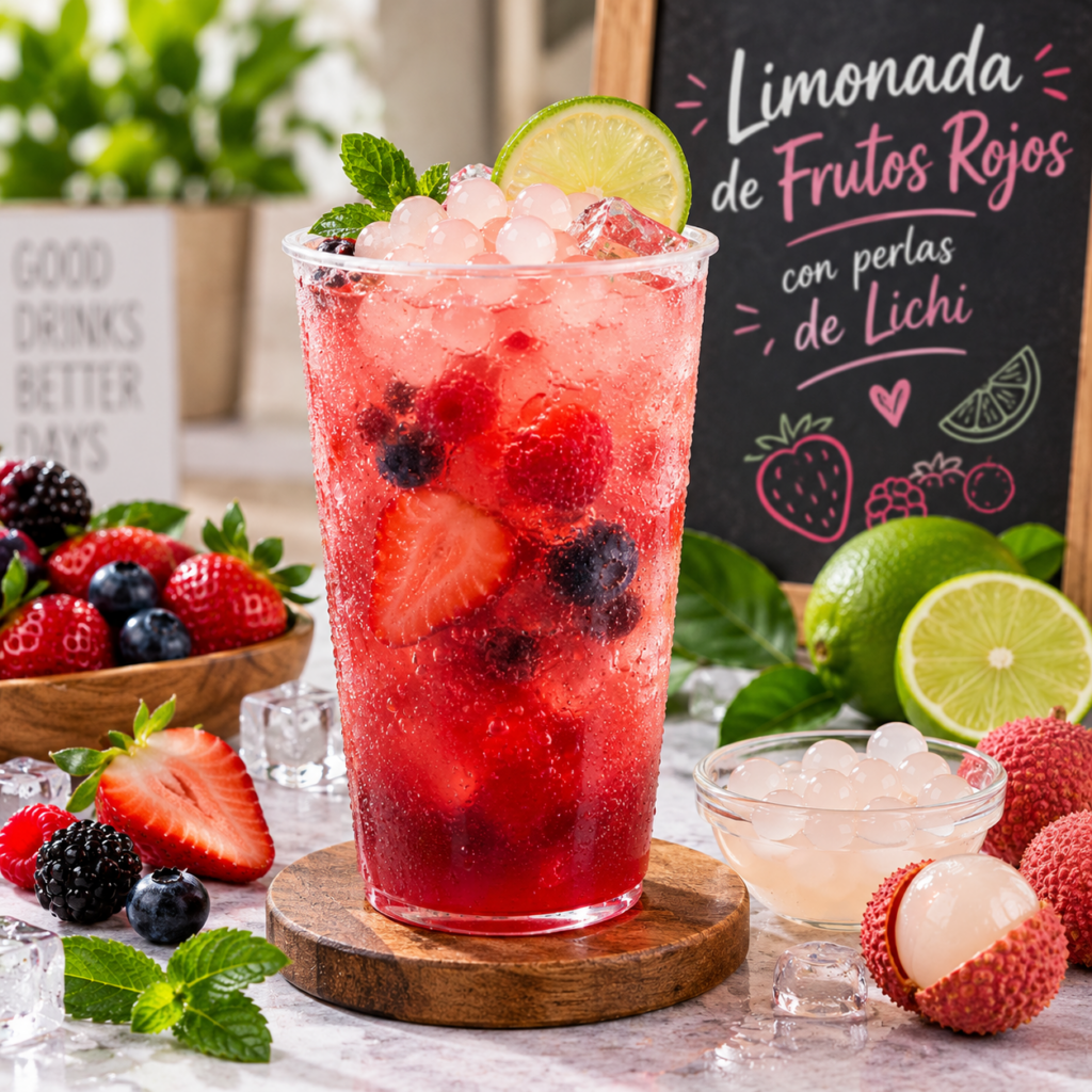 Limonada de frutos rojos con perlas de lichi