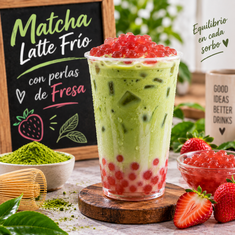 Matcha latte frío con perlas de fresa