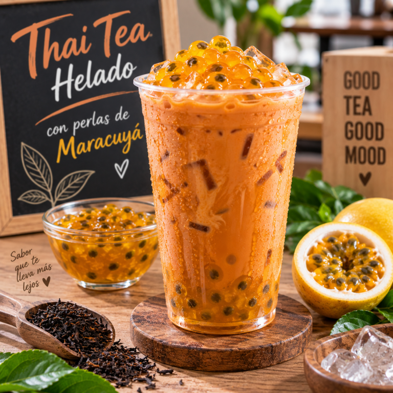 Thai tea helado con perlas de maracuyá